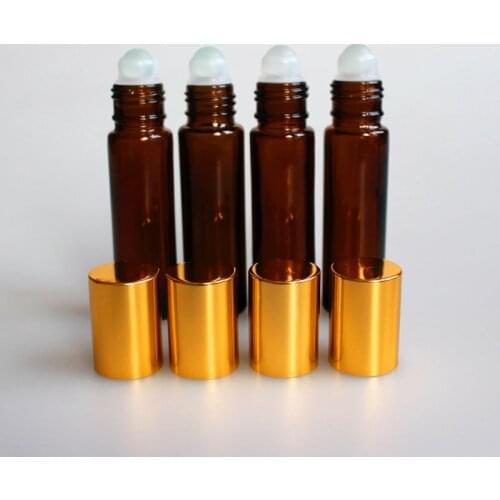 20pcs/lot 10ML Thick Amber Glass Roll On Perfume Bottle Glass Essential Oil Vials with Glass Roller Ball and Shiny Gold Cap