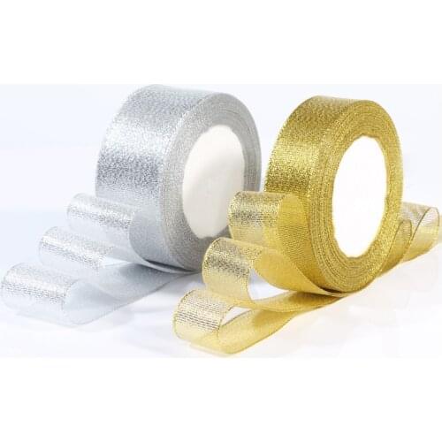 2PCS 25Yards/Roll Gold Silver Organza Ribbon Onions Belt Satin For Wedding Cake Gift Packaging Christmas Decoration DIY Craft