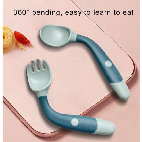 2PCS /Set Baby Kids Silicone Spoon Utensils Set Auxiliary Food Toddler Learn To Eat Training Bendable Soft Fork Infant Tableware