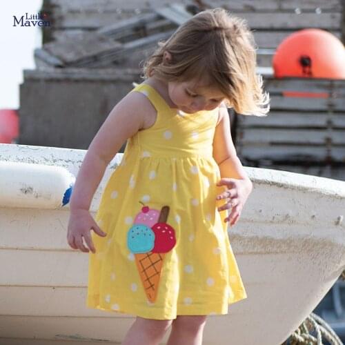 Children 2021 Summer Baby Girls Clothes Brand Toddler Casual Cotton Yellow Dot Ice Cream Applique Dresses for Kids 2-7 Years
