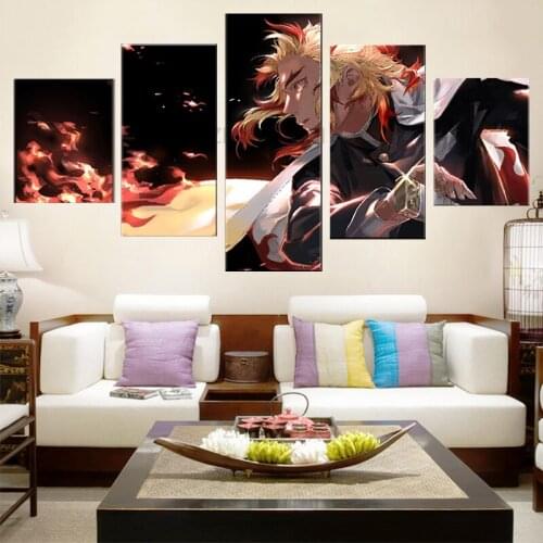 5 Panels HD Anime Boy Picture Rengoku Kyoujurou Demon Slayer Kimetsu No Yaiba Poster Animation Art Wall Decor Paintings Artwork