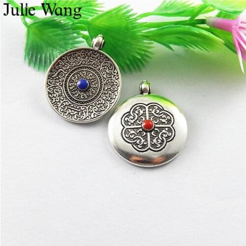 Julie Wang 6pcs Bohemia Pattern Charms Alloy Antique Silver Color Round For Necklace Pendants Findings Jewelry Making Accessory