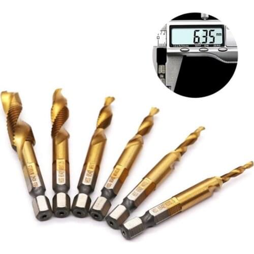 6pcs M3 M4 M5 M6 M8 M10 HSS Drill Bit Tap HSS Drill Bits Metric Thread Spiral Screw1/4" Hex Shank Bits Set Power Tools