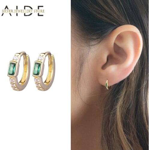 AIDE 925 Sterling Silver Hoop Earrings for Women Luxurious INS Green Geometric Zircon Huggies Earrings Fine Jewelry Pendientes