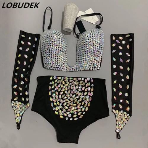 Sparkly Rhinestones Bra Shorts Women Set Stage Wear (Headdress+Necklace+Gloves+Bikini) Dance Outfit Bar DJ Pole Dancing Costume