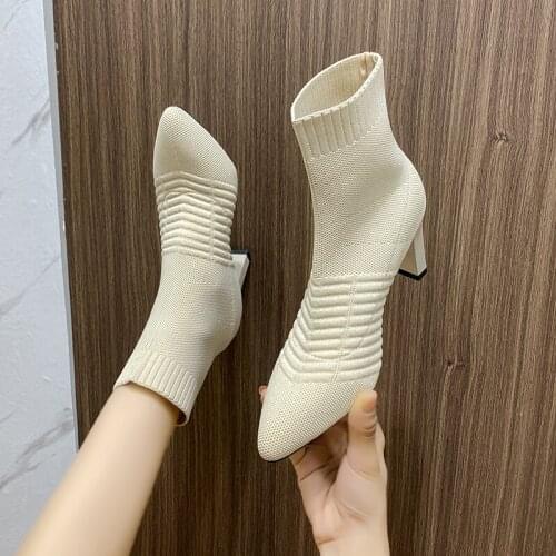 Lady Stretch Fabric Booties Woman Nice High Heels Luxury Designer Round Toe Ladies Stiletto Vogue Ankle boots Rubber Autumn