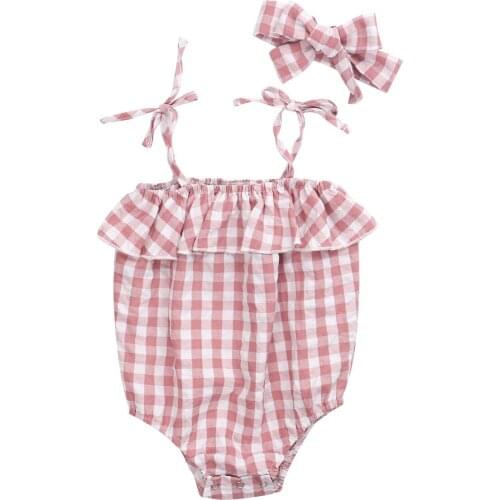 0-24M Newborn Infant Baby Girl Plaid Romper Bodysuit Jumpsuit+Hair Ring Set Outfits