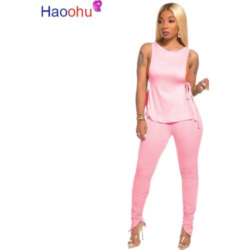 HAOOHU Sport Solid Women Set Two Piece Set Tracksuits Open Side Crop Top Stacked Jogger Sweatpants Suit Outfits Matching Set