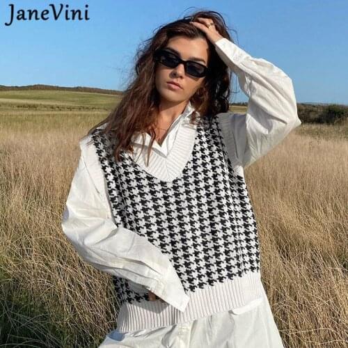 JaneVini Houndstooth Knitted Sweater Vest Women V Neck Sleeveless Pullover Vintage Fall Winter Female Waistcoat Sweaters Jumpers