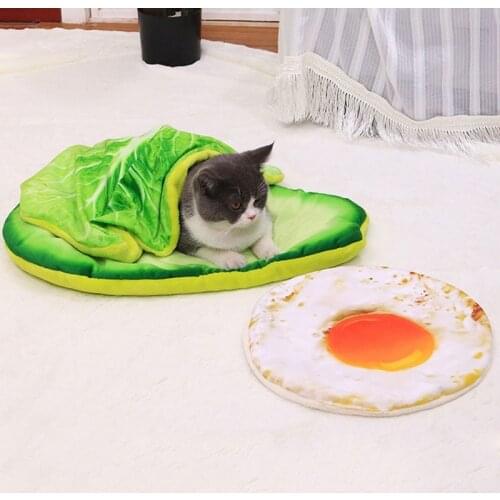 Pet Cat Dog Bed Mat and Blanket Set Creative Pattern Egg Pizza Cabbage Avocado Bread Shape Kitten Cushion Winter Warm