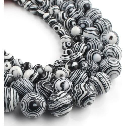 Natural Stone Black White Malachite Round Loose Needlework Beads For Jewelry Making Bracelet Neclace DIY 4/6/8/10/12 MM 15inches