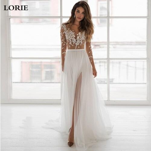 LORIE Beach Lace Wedding Dresses Lace Applique Long Sleeves Side Split Bridal Gown A Line Boho Wedding Gowns Robe de mariee 2021