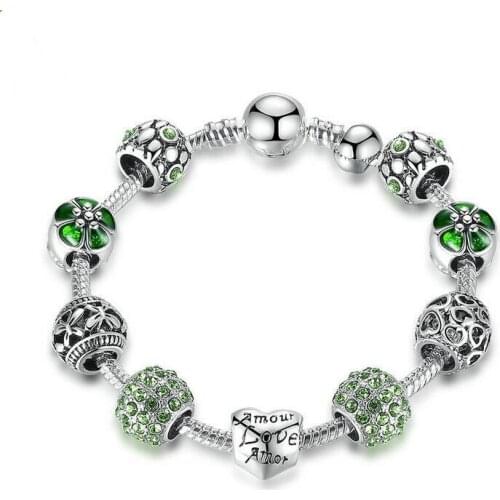 LycorisSmart 2018 New Popular Green&white 925 Silver Heart Charm Bracelet & Bangle With Glass Beads Jewelry