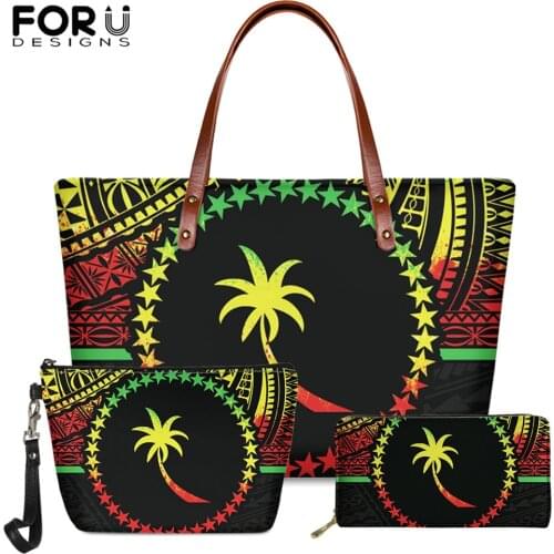 FORUDESIGNS 2020 New Girls Handbag 3set Micronesian Reggae Color Print Fashion Ladies Big Shoulder Bag And Pu Purse With Zipper