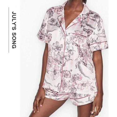 JULYS SONG Woman Pajamas Set 2 Pieces Stain Silk Women Summer Sleepwear Printed Pyjamas Sleeve Shorts Suit Homewear Loung Wear