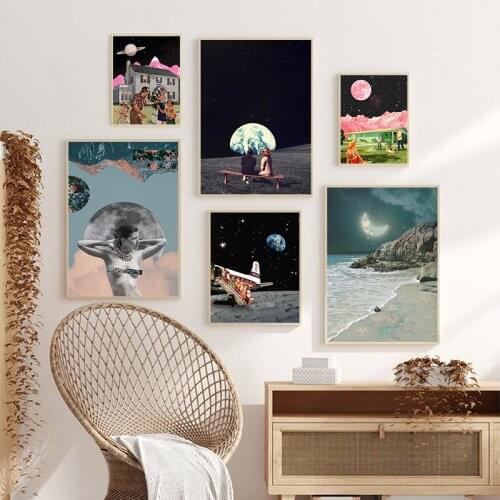 We Used to Live There Earth Canvas Art Print and Poster , Surrealism Galaxy Space Canvas Painting Wall Picture Sci-Fi Art Decor