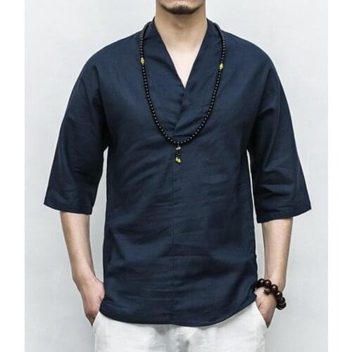 Summer Men Linen Shirt Chinese Style Retro Casual V-Neck Tops Plus Size Solid Traditional Asian Tang Suit Tops For Man 10986