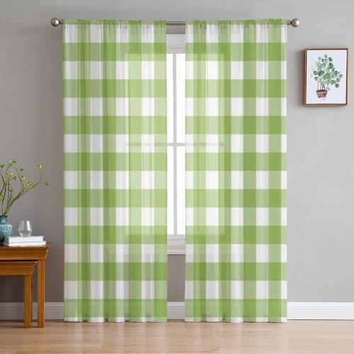 Green White Plaid Window Treatment Tulle Modern Sheer Curtains for Kitchen Living Room the Bedroom Curtains Decoration