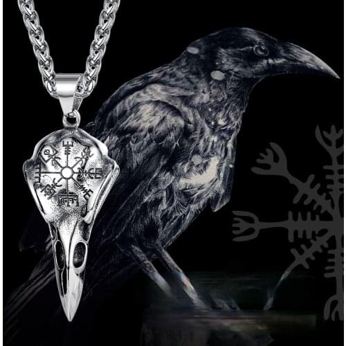 Vintage Viking Skull Crow Head Skull Necklace Hand Woven Leather Rope Crow Necklace for Motorcycle Party Men Women Chain Jewelry