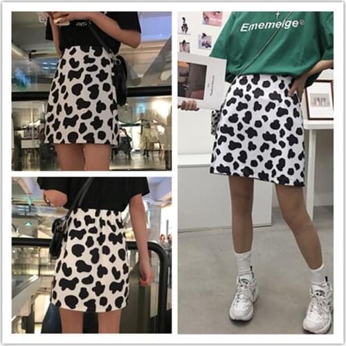 WERUERUYU New womens Korean of Harajuku style cow printing skirt elastic waist half female