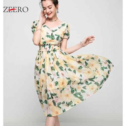 Summer Elegantes Tube Top Collar Puff Short Sleeve Printing Midi Dress Women Chiffon Party Sundress Vestido Dresses for Women