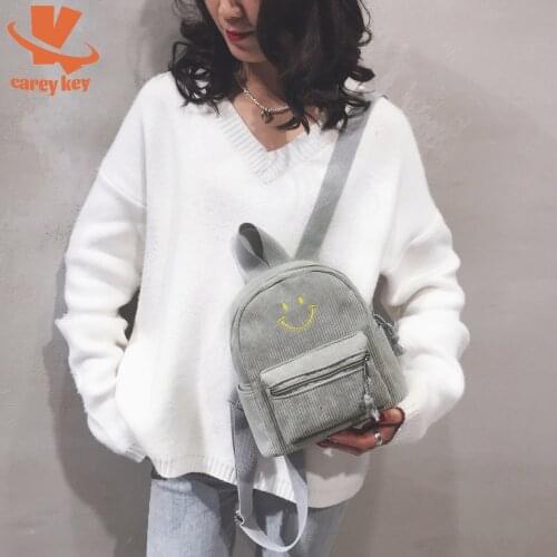 CAREY KEY Women Mini Corduroy Backpack Cute Smiley Face School Book Bag Ladies Small Shoulder Bags Female Travel Bag