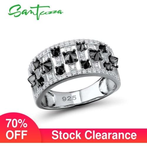 SANTUZZA Silver Rings for Woman Black spinels Stone Ring AAA Cubic Zirconia Rings Pure 925 Sterling Silver Party Fashion Jewelry