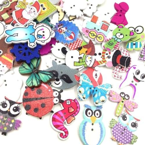 100Pcs Random Mixed Animals Shaped Wooden Buttons Scrapbooking Decorative Button For DIY Craft Clothing Sew Accessories WB379