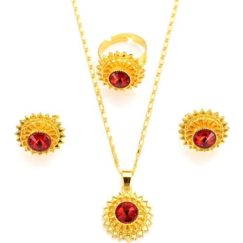 African Jewelry sets for Women Ethiopian cz red stone Pendant Necklaces/Earrings/Resizable Rings Arab Wedding bridal party Gifts