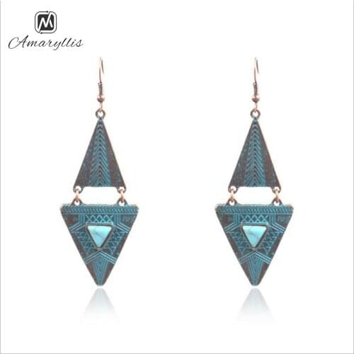 Amaiyllis Vintage Trible Stone Triangle Pendant Earrings For Women Ethnic Alloy Geometrical Statement Dangle Drop Earring Brinco