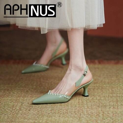 APHNUS Womens Sandals Rhinestone Cut Outs Glitter Slippers Slides Mid High Heels Pumps Woman 2021 Shoes For Women New