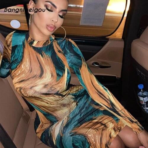Bangniweigou Abstract Stripe Paisley Midi Dress Women Elegant Bodycon Party Dress Long Sleeve Autumn Tie-dye Slim Robe Femme