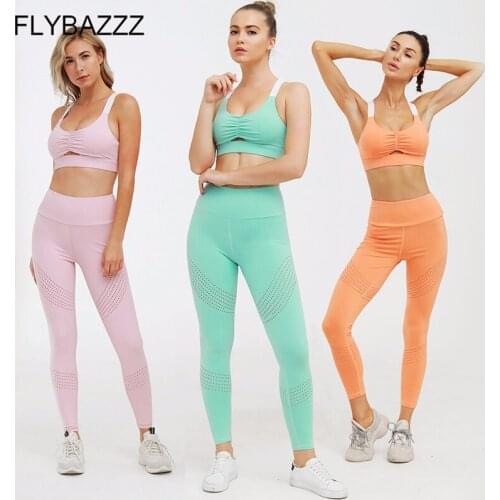 Seamless 2pcs Gym Set Womens Tracksuit Crop Top O-neck Sports Bra High Waist Leggings Yoga Set Women Fitness Sport Workout Suit