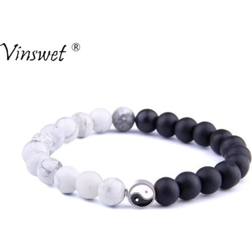 Yin Yang Bracelets For Men Lucky Couples Bracelet Women Natural Howlite Bangle Jewelry Black Onyx Stone Beads Pulsera