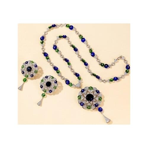 Brand Fine Custom Jewelry For Women Fan Wedding Blue Crystal Party Jewelry Set Big Design Party Banquet Neckacle Earrings Set