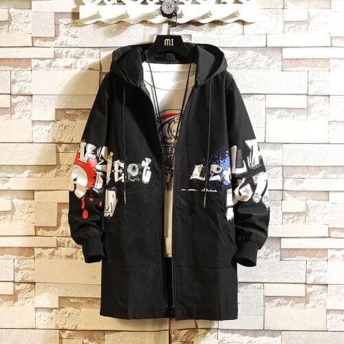 Long Jacket Men Print Fashion 2021 Autumn Harajuku Windbreaker Overcoat Male Casual Outwear Hip Hop Streetwear Coats Plus Size