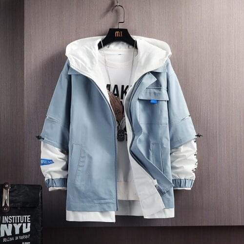 Double-layer Zipper Contrast Stitching Fake Two-piece Hooded Jacket Mens Fashion Plus Size Clothes Spring and Autumn Men Jacket