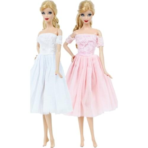 Elegant Wedding Party Outfit Pink White Lace Dress Skirt Ball Gown Princess Dollhouse Accessories Clothes for Barbie Doll Toys