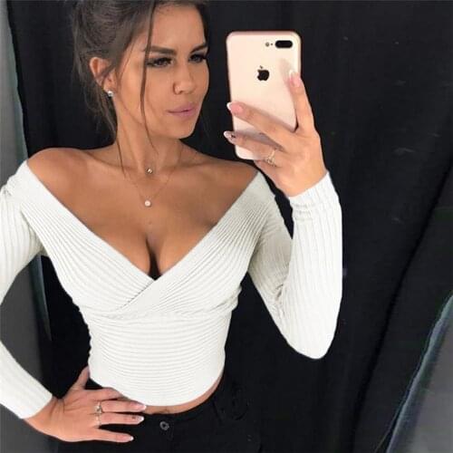 2018 new sex long sleeve cotton V-neck sexy crop tops autumn winter women fashion solid Christmas party T-shirts