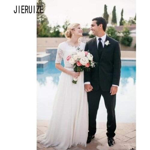 JIERUIZE Half Sleeves Wedding Dresses Jewel Neck Button Back Lace Appliques Crystal Sash Chiffon Bridal Gowns vestido de noiva