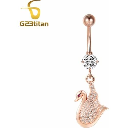 G23titan Rose Gold Color Surgical Steel Swan Navel Piercing Jewellery Crystal Belly Button Rings Women Body Jewelry