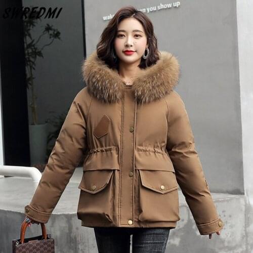 SWREDMI New Warm Fur Lining Thick Jacket Women Fashion Short Hooded Parkas Coat Winter Clothing Office Lady