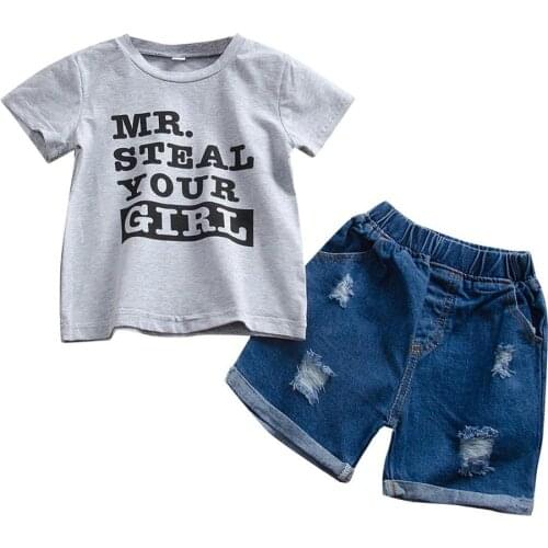 Summer Baby Boys Casual Short Sleeve Letters Print T-shirt +Denim Shorts Set