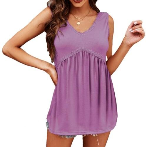 Women Summer Vest V Neck Lace Solid Color Pleated Shoulder Strap T-shirt Lace Patchwork Female Sleeveless T-shirt