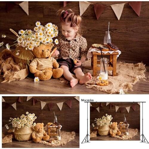 Mocsicka Toy Bear Board Birthday Backdrop Daisy Wooden Floor Photography Background Newborn Photo Decorative Prop Banner Studio