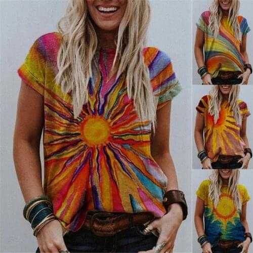 Fashion Womens Tie Dye Prints Short Sleeve Round Neck Summer Tops Casual Baggy Graphic Tee T-shirt