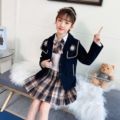 Girls Fashion Suit Spring And Autumn Girls Lapel Suit Cardigan + Bow White Shirt + Pleated Plaid Skirt Girls College Uniform