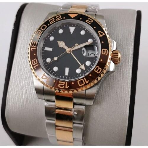 40mm Black dial GMT men watch Automatic Mechanical Sapphire crystal bracelet steel band mechanical wristwatch mens