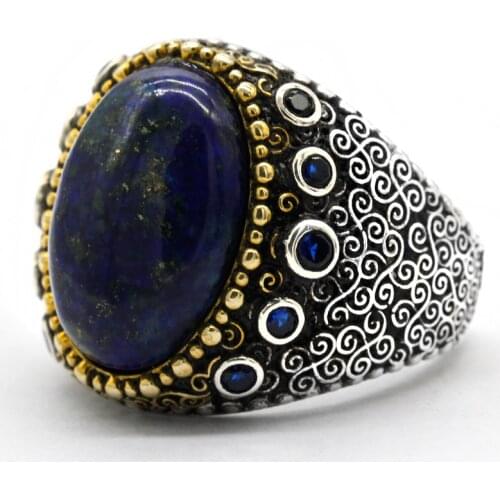 Natural Lazuli Ring for Men with Large Stone 925 Sterling Silver Vintage Antique Carved Male Rings Turkish Jewelry Precious Gift