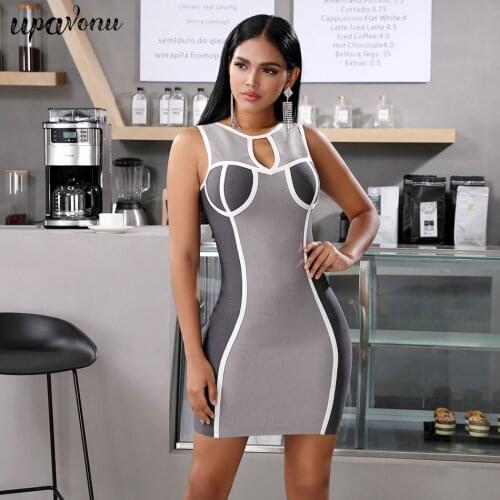 2020 New Womens Bandage Dress Mini Sexy O-neck Sleeveless Hollow Hit Color Bodycon Dress Celebrity Club Evening Party Dresses